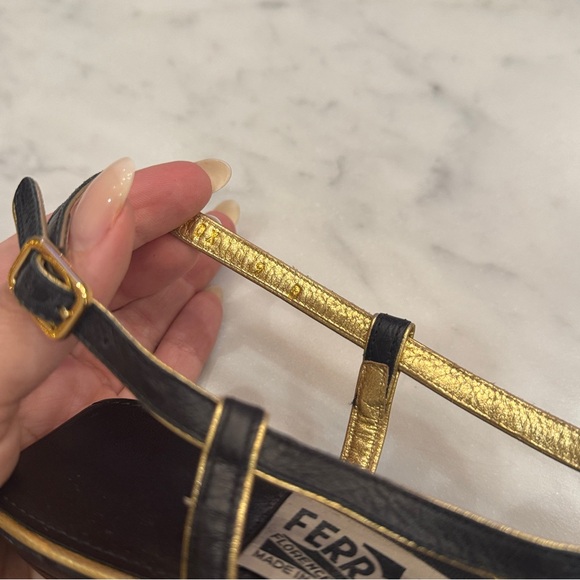 Salvatore Ferragamo Black Leather Wedges Ostrich Print Gold Trim Strappy Sandals - Picture 6 of 7